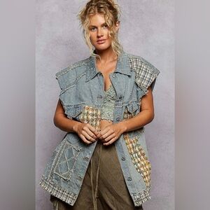 POL L Patchwork Denim Vest - Blue and Tan